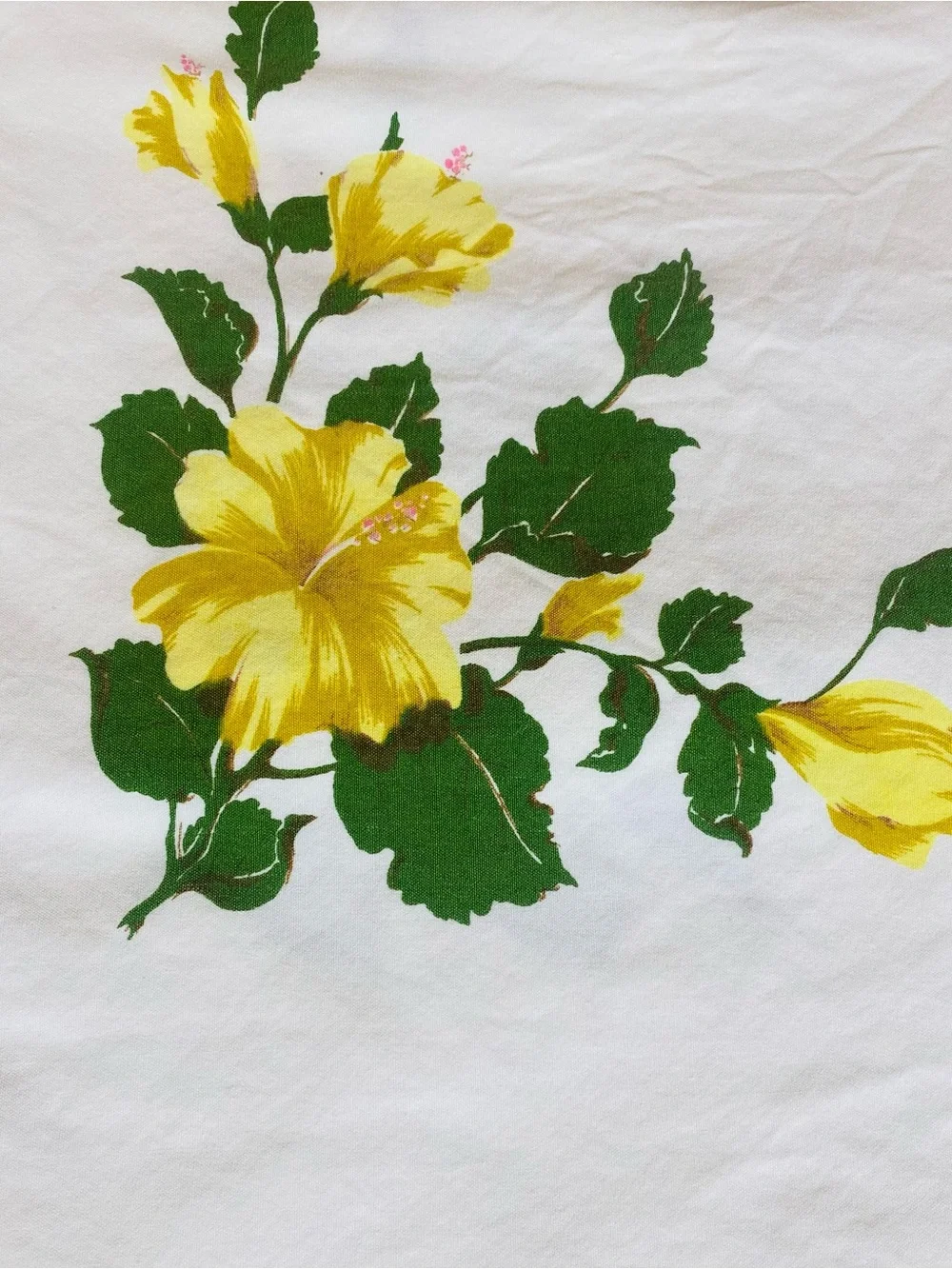 Vintage 50s California Hand Prints Tablecloth yellow hibiscus floral